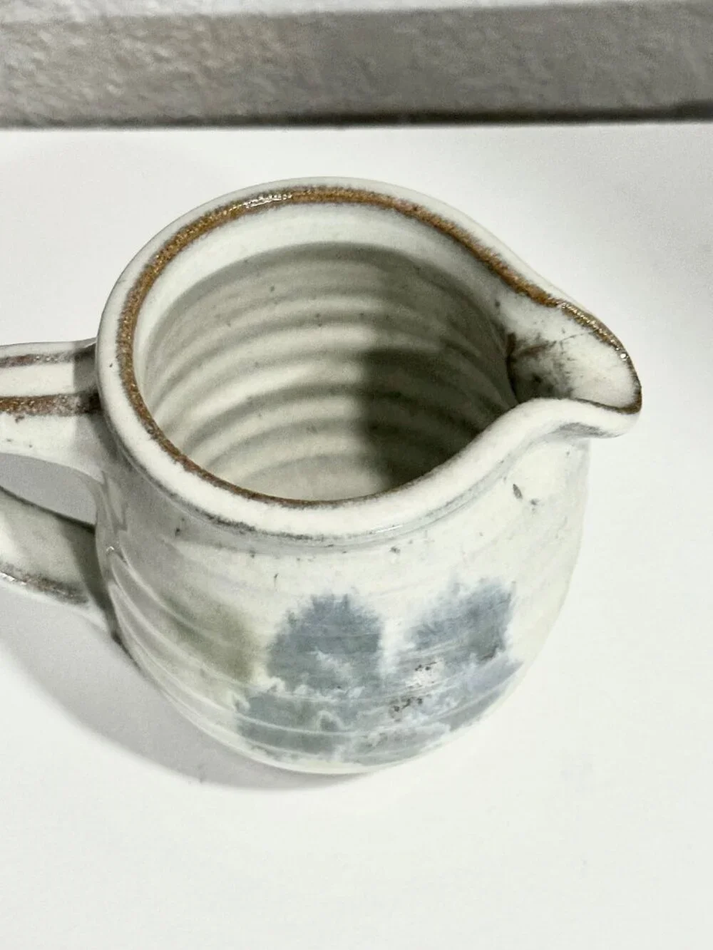 Handcrafted Studio Pottery Creamer with Handle Floral Glaze Gray Blue Green 4